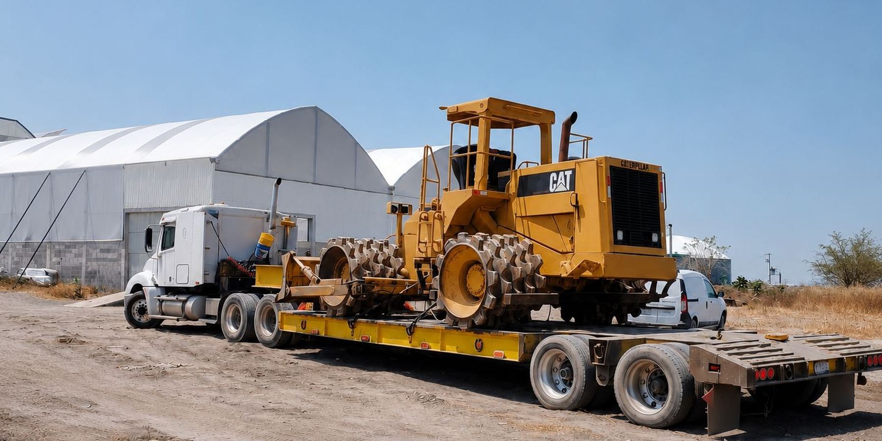 Tractor CAT y rodillo sobre plataforma de traslado — GRUPO REMAQCUE